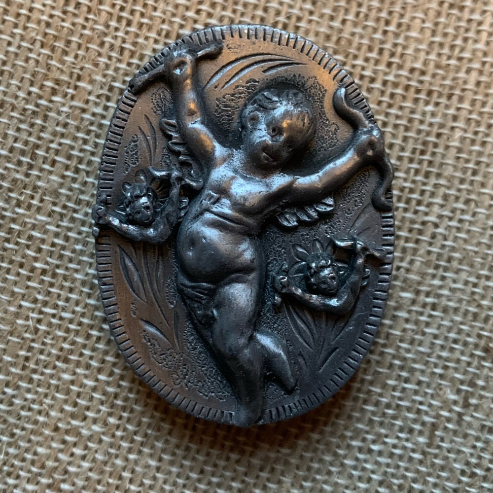 Vintage Torino Pewter Cupid Angel Trinket Box, Earrings, and Pin